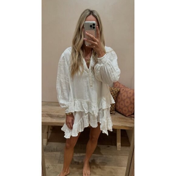 FREE PEOPLE Sachi Long Sleeve Ruffle Minidress in Ivory Size Large NWT - Picture 16 of 16